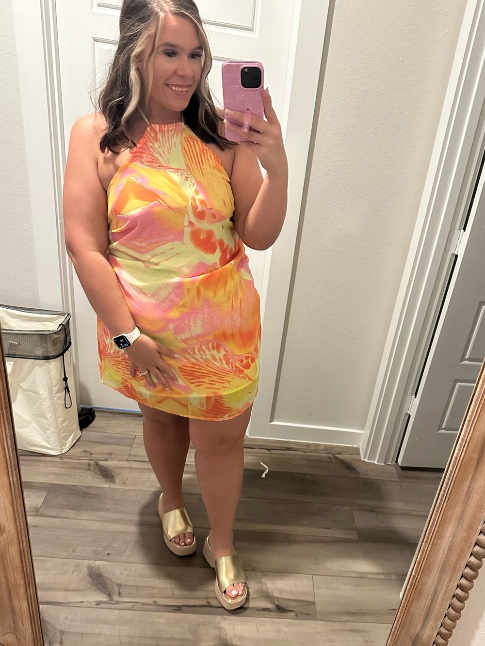 SHEIN Yellow Pink Halter Mini Dress